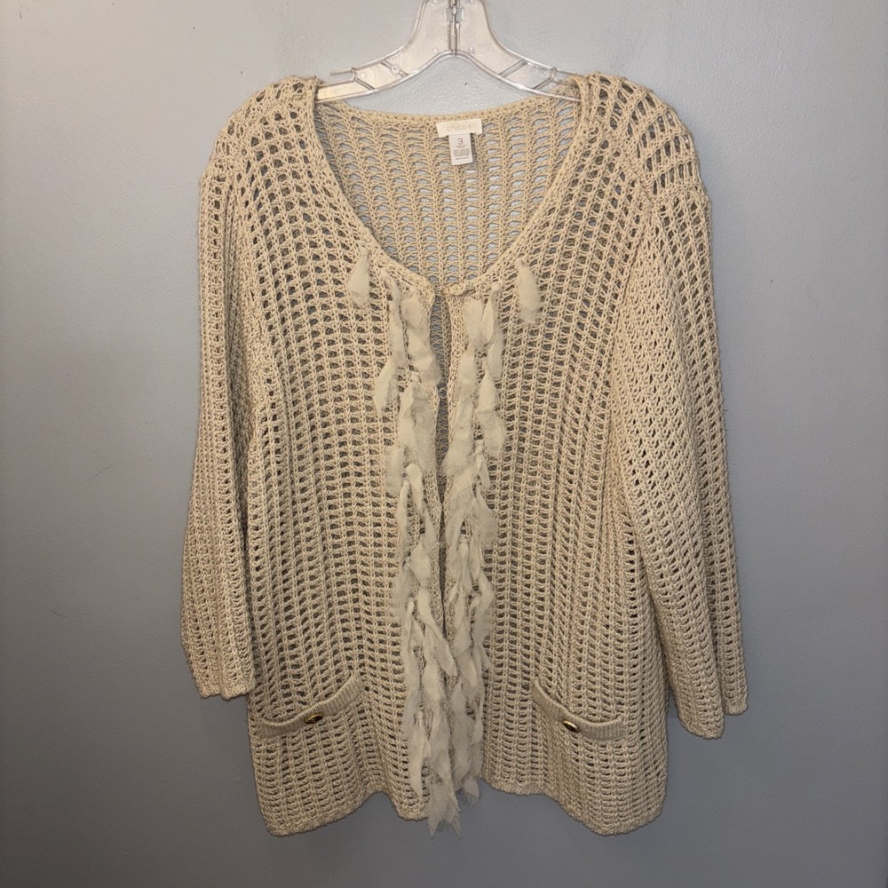 Chico's Beige Chunky Open Knit Fringe Cardigan Sweater Women's Size 3 XL Boho